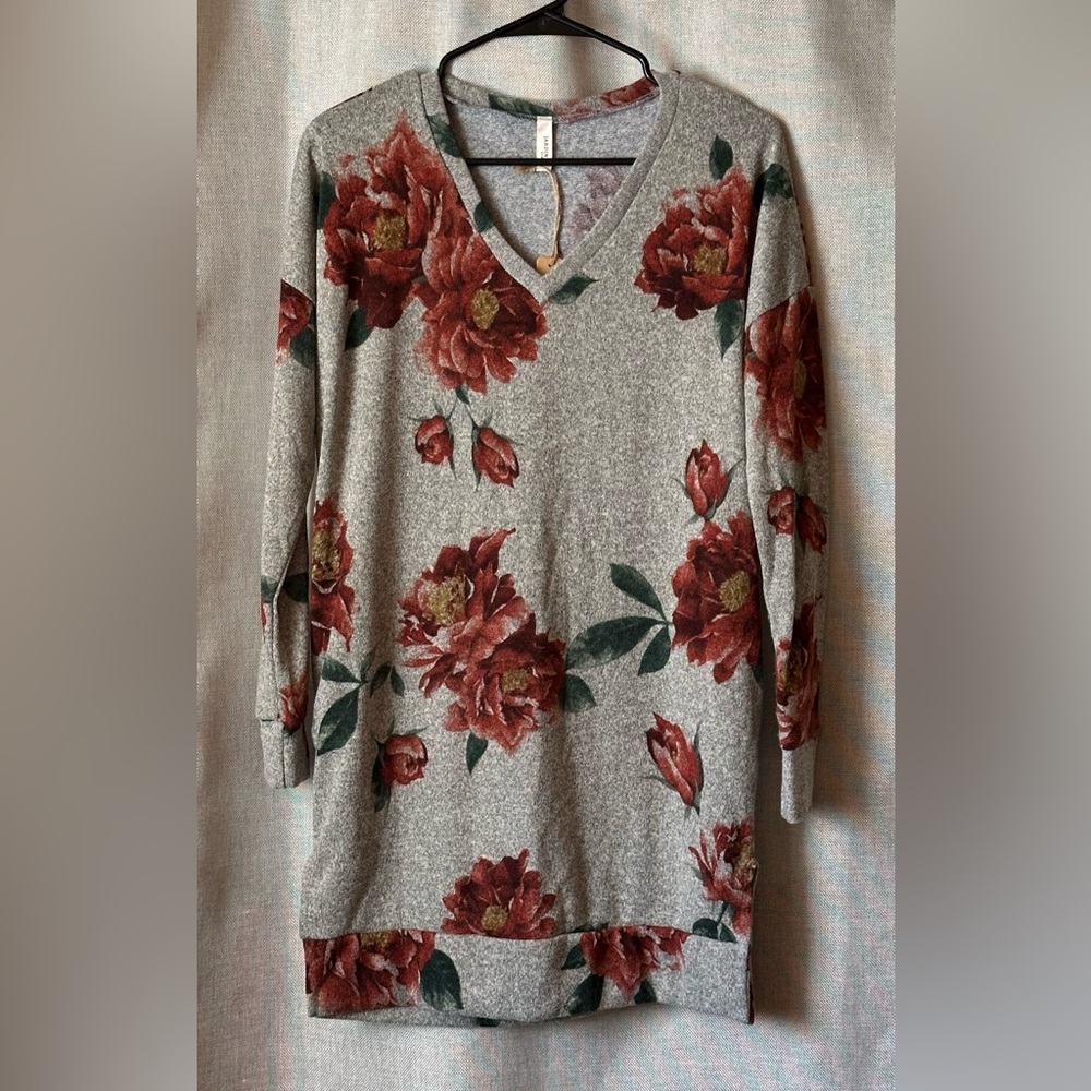 Jardin by Macris v-neck sweater/dress•small•polyester•gray/taupe/brick/rust/red